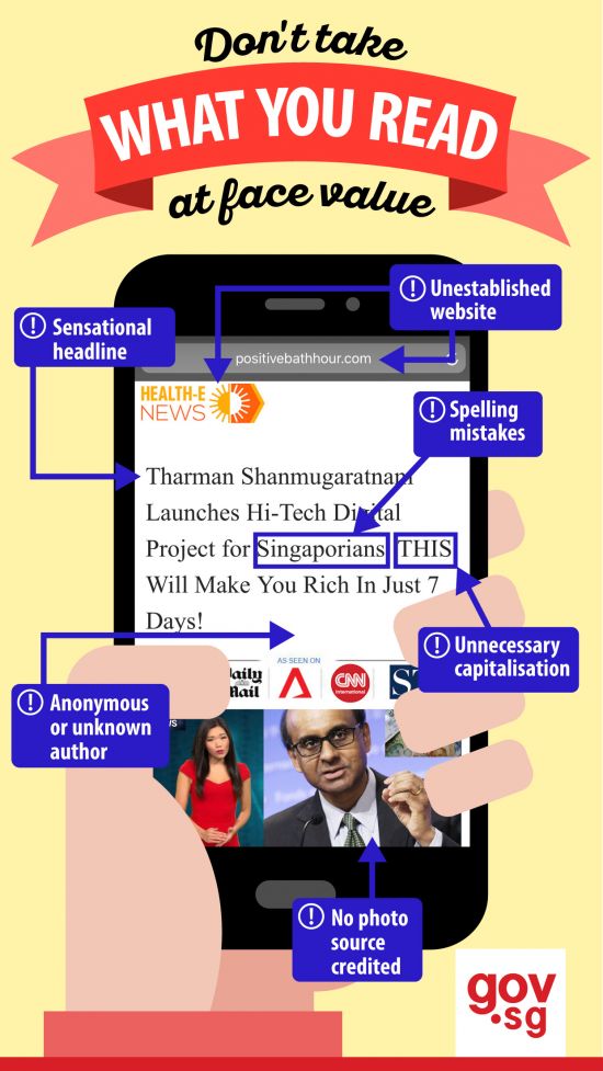 Be SURE - Source, Understand, Research, Evaluate: Government public-service graphic on how to discern real news from fake (Credit: www.gov.sg)