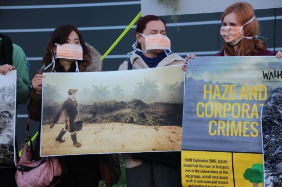Environmental activists in Indonesia protest the burning of forests to make way for palm-oil plantations (Credit: John Englart​)
