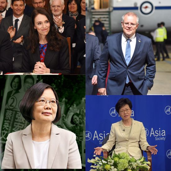The border sealers (clockwise from top left): New Zealand PM Jacinda Ardern, Australia's Morrison, Hong Kong Chief Executive Lam, and Taiwan leader Tsai Ing-wen (Credits: Governor-General of NZ, G20 Argentina, Elsa Ruiz/Asia Society, Voice of America)