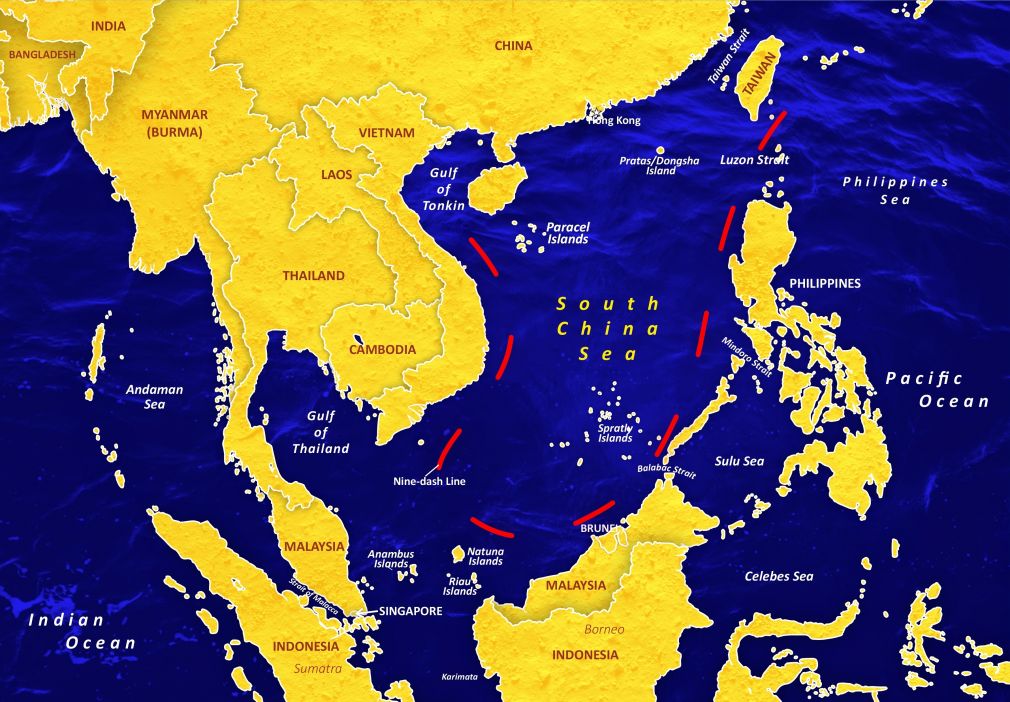 The South China Sea with China's nine-dash line indicated: While Indonesia is not one of the six claimants, Jakarta does not recognize Beijing's position (Credit: shubhamtiwari / Shutterstock.com)