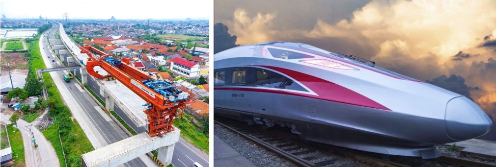 Spending the people’s money: Construction of the Jakarta-Bandung High Speed Rail (graphic rendering at right), due to be completed at the end of 2022 (Credit: left, Akhmad Dody Firmansyah / Shutterstock.com; right, KCIC)