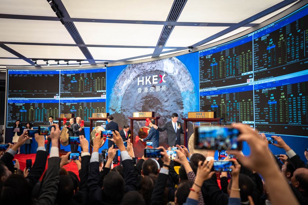 Celebrating a new listing: Hong Kong’s financial sector is skewed towards the listing and trading of equities; its bond markets remain small and its capabilities to serve fixed-income issuers and investors are limited (Credit: HKEX)