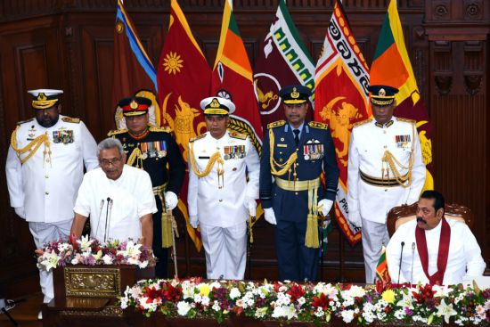 Family affair: President Gotabaya Rajapaksa addresses ministers, with his brother Mahinda, the prime minister, looking on, November 22, 2019 (Credit: Ruwan Walpola / Shutterstock.com)