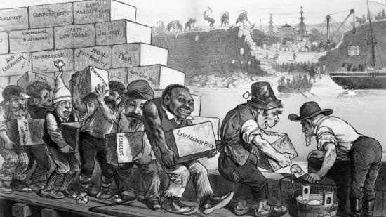 The more things change...: "Anti-Chinese Wall" cartoon from 1882 showing and American wall going up as China's comes down (Credit: Bettman Archive) 