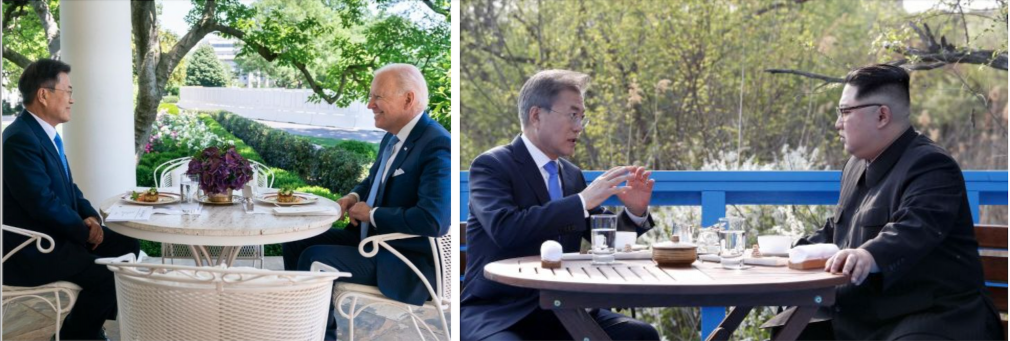 Separate tables: Moon with Biden at the White House on May 21, 2021, and with Kim Jong-un in Panmunjom in 2018 (Credit: Cheong Wa Dae)