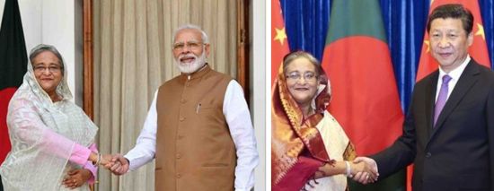 Visiting the neighbors: Prime Minister Sheikh Hasina with Indian counterpart Narendra Modi and Chinese leader Xi Jinping (Credit: left – Government of India, right – Foreign Ministry of the People’s Republic of China)