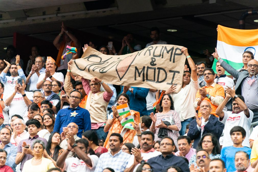 Indian Americans at a rally for Modi hosted by then US president Trump, Houston, September 2019: Backers of the BJP see no risk to themselves as a visible minority from supporting the Trumpist brand of politics (Credit: Shealah Craighead/The White House)