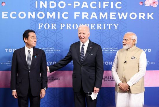 Geo-economic shifts: US President Joe Biden (center), Japanese Prime Minister Kishida Fumio (left) and Indian leader Narendra Modi at the launch of the Indo-Pacific Economic Framework, Tokyo, May 23, 2022 (Credit: Prime Minister's Office of Japan)