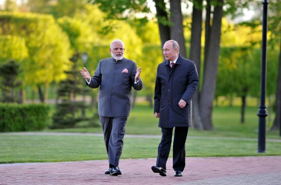Modi explains things to Putin, St Petersburg, May 1, 2021: India’s weapons deal with Russia opens it to possible sanctions by the US (Credit: YashSD / Shutterstock.com)