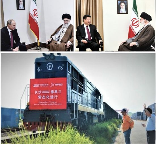 Dropping in on the neighbor: Putin and Xi meet Iran Supreme Leader Ali Khamenei; freight train from Changsha to Tehran (Credits: top left – President of Russia, top right – Official Website of Ali Khamenei, Supreme Leader of Iran, bottom – icswb.com)