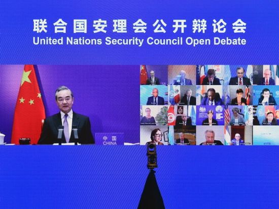 Chinese Foreign Minister Wang Yi presides over a virtual session of the UN Security Council to debate the Palestine-Israel conflict, May 16, 2021 (Credit: Foreign Ministry of the People’s Republic of China)