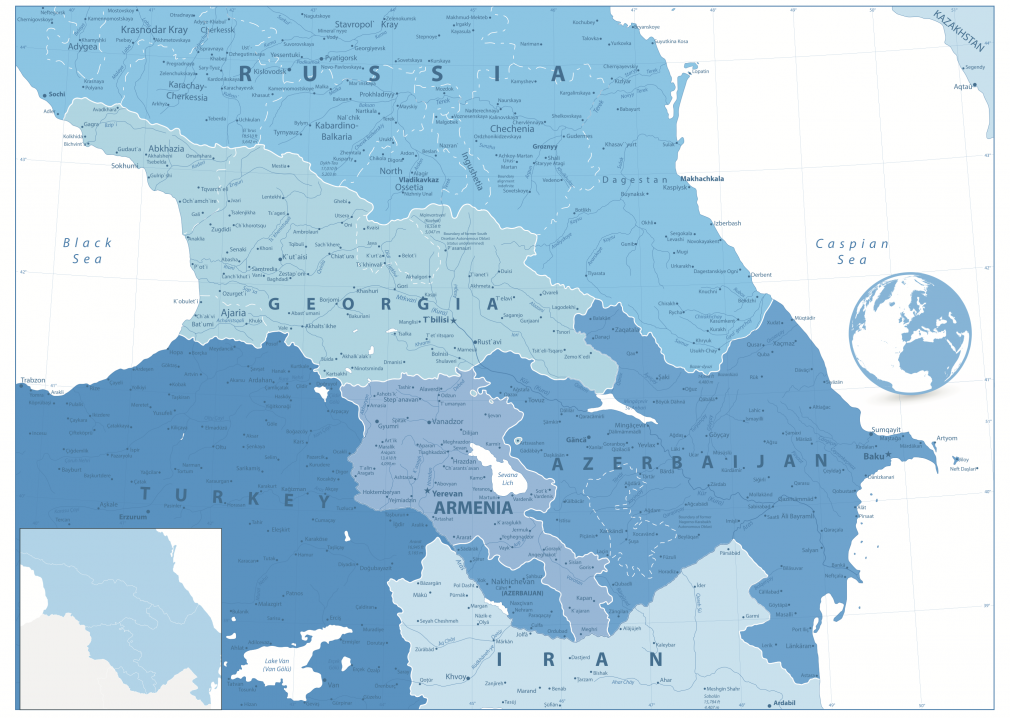Strategic position: Georgia, Armenia and Azerbaijan are nestled between Europe and Asia, with major powers vying for influence (Credit: Cartarium / Shutterstock.com)